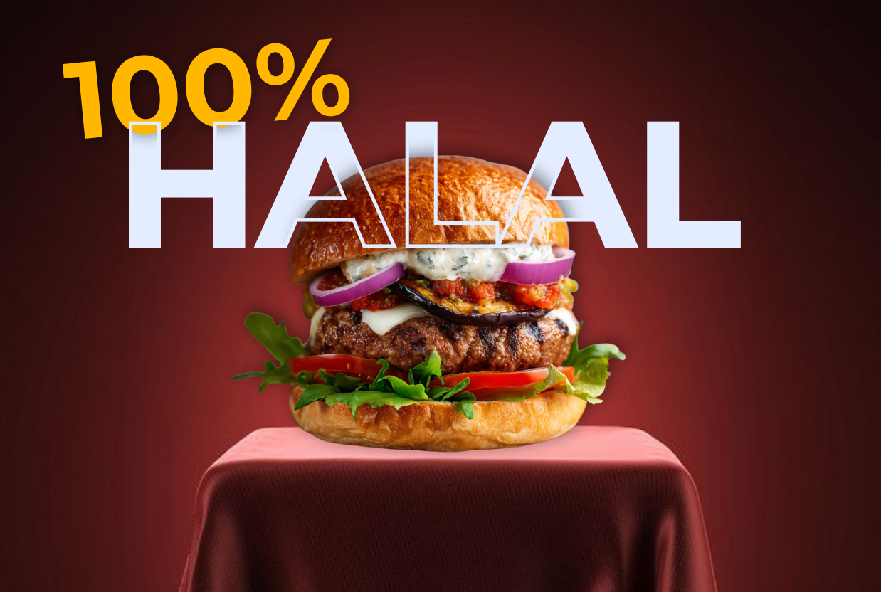 Burger halal appétissant avec fromage, légumes et sauce, sur fond rouge, accompagné du texte "100% HALAL" — visuel promotionnel des Burgers du Daron.