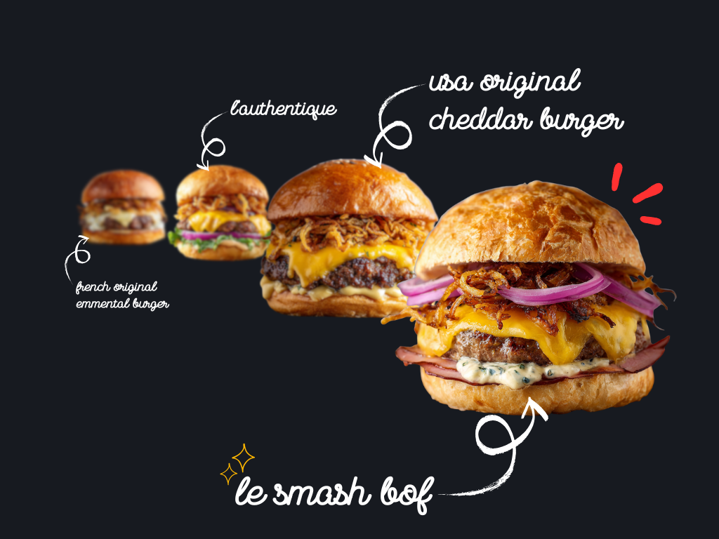 Image présentant plusieurs recettes de smash burgers Grenoble, avec buns briochés, cheddar fondant, oignons croustillants et ingrédients frais.