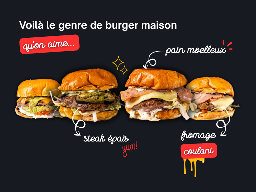 Image affichant quatre burgers maison généreux sur fond sombre, accompagnés d’annotations telles que « pain moelleux », « steak épais » et « fromage coulant ». L’ensemble met en avant la qualité et la gourmandise des Burgers du Daron, évoquant l’idée du meilleur restaurant halal à Grenoble pour savourer des burgers artisanaux.