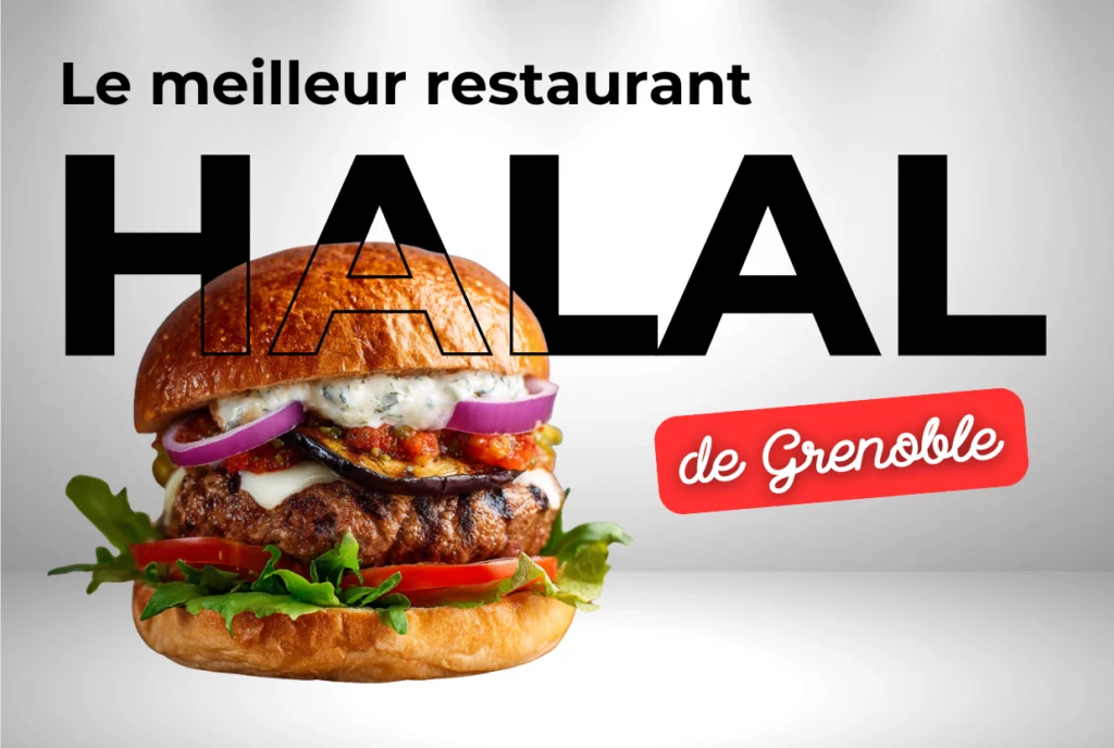 Image présentant un burger gourmand sur fond blanc éclairé, avec les mentions « Le meilleur restaurant HALAL de Grenoble » en grands caractères. Le visuel met en avant la qualité et la générosité des burgers proposés par Les Burgers du Daron, évoquant leur positionnement comme l’un des candidats au meilleur restaurant halal Grenoble.
