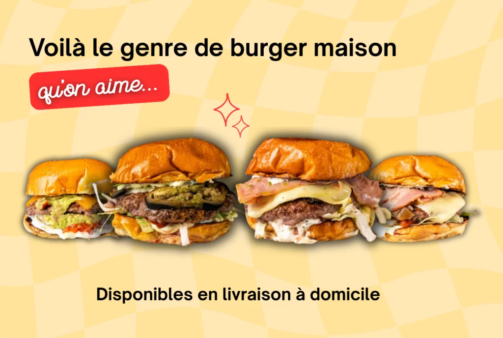 Burger fait maison à commander à Grenoble, avec pain artisanal, steak haché grillé, fromage fondant et garnitures fraîches, disponibles en livraison à domicile.