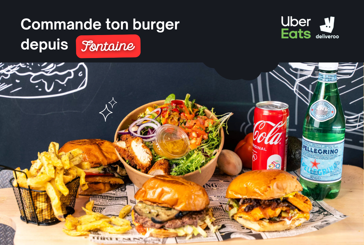 Burgers artisanaux des Burgers du Daron avec frites croustillantes, salade gourmande et boissons, illustrant la commande et la livraison de burgers depuis Fontaine via Dishop, Uber Eats et Deliveroo.
