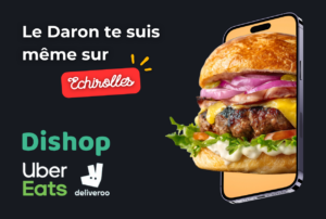 Burger maison à emporter Échirolles, burger gourmet avec viande fraîche, fromage fondant et sauce maison, disponible en livraison via Uber Eats, Deliveroo et Dishop.