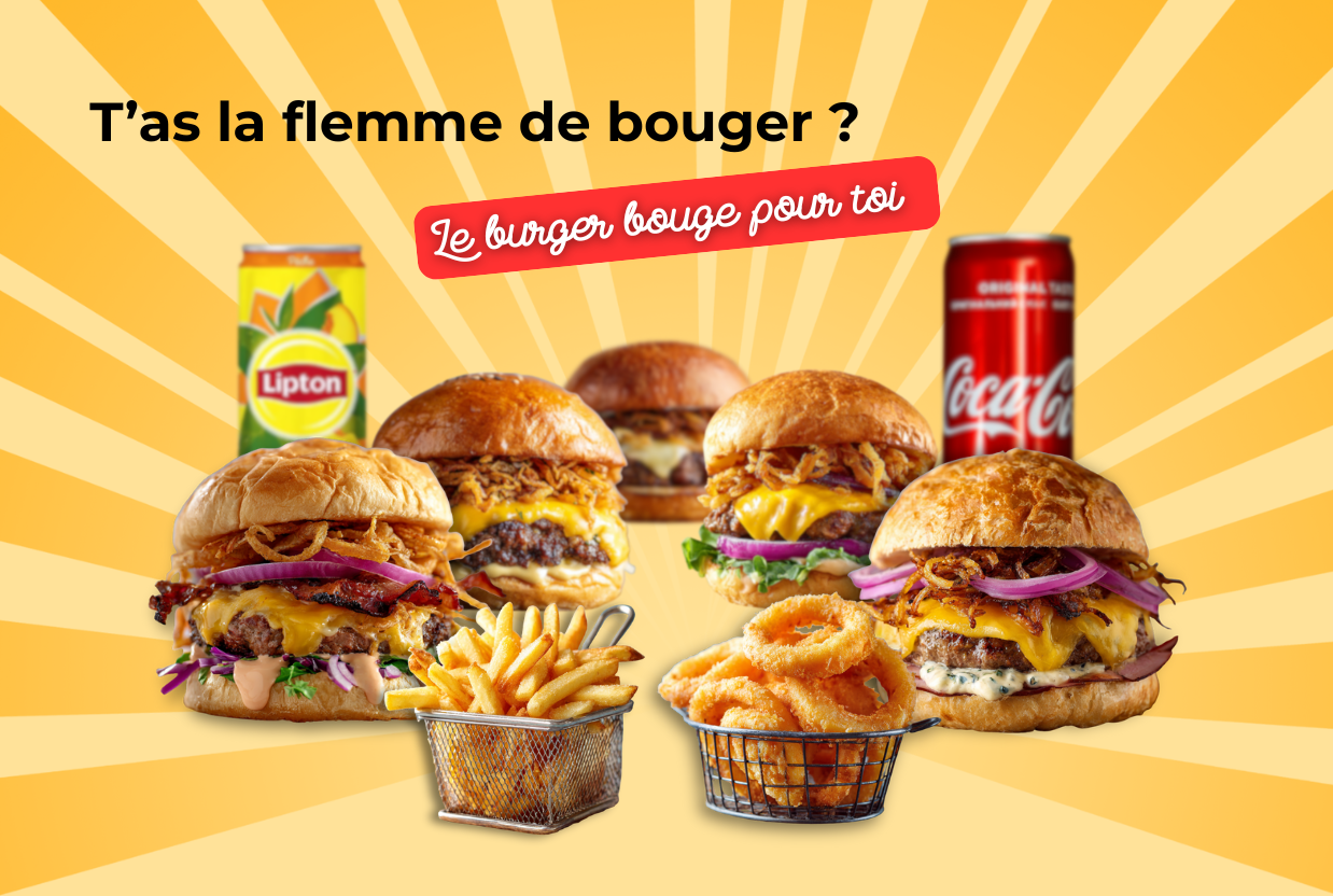 Visuel mettant en avant la Livraison burger Grenoble du restaurant Burger du Daron présentant plusieurs burgers garnis, des frites, des anneaux d’oignon et des boissons, avec un slogan humoristique sur un fond jaune.