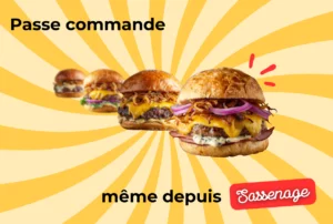 Alignement de burgers artisanaux gourmets avec steak haché, cheddar fondant et oignons rouges, sur fond jaune graphique, avec le message « Passe commande même depuis Sassenage ».