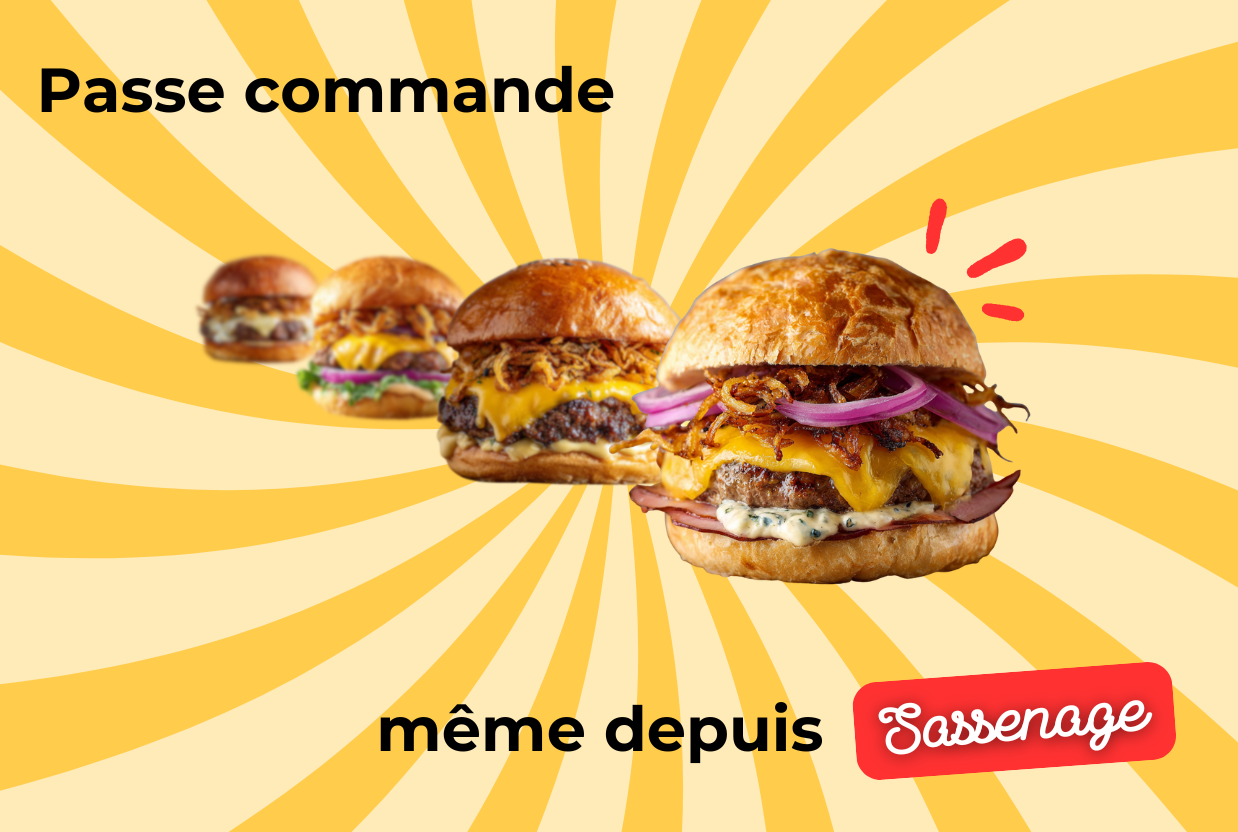 Alignement de burgers artisanaux gourmets avec steak haché, cheddar fondant et oignons rouges, sur fond jaune graphique, avec le message « Passe commande même depuis Sassenage ».