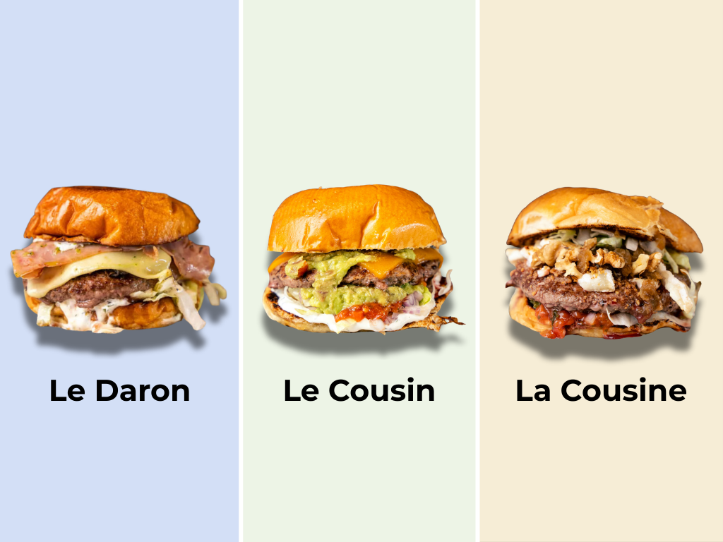 Présentation de trois Burger Gourmet chez les Burgers du Daron, avec le Daron, la Cousin et la Cousine