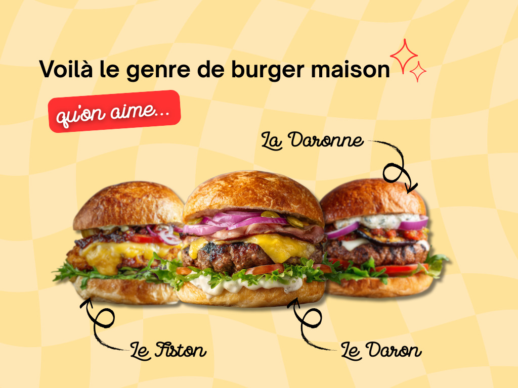 Présentation de trois Burger Gourmet chez les Burgers du Daron, avec le Daron, la Daronne, le Fiston