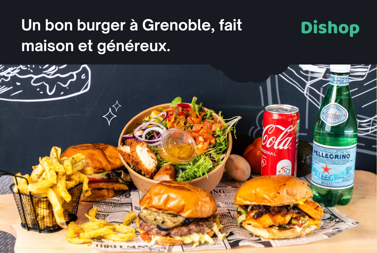 Un bon burger à Grenoble, accompagné de frites maison, salade fraîche et boisson, préparé avec des ingrédients frais et généreux.