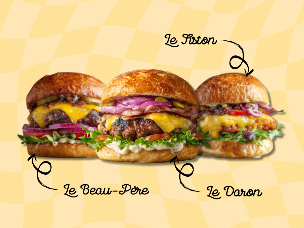 Trois bon burger Grenoble – Le Daron, Le Beau-Père et Le Fiston – avec steak haché frais, cheddar fondant, oignons rouges et pain brioché doré.
