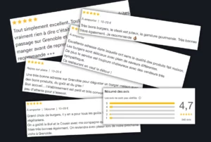Montage d’avis Google 5 étoiles pour le meilleur burger Grenoble avec commentaires positifs et note globale de 4,7 sur 340 avis.