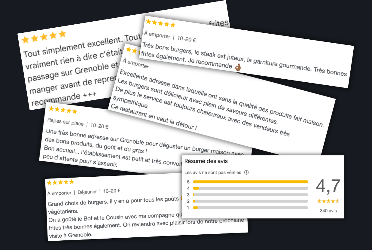 Montage d’avis Google 5 étoiles pour le meilleur burger Grenoble avec commentaires positifs et note globale de 4,7 sur 340 avis.