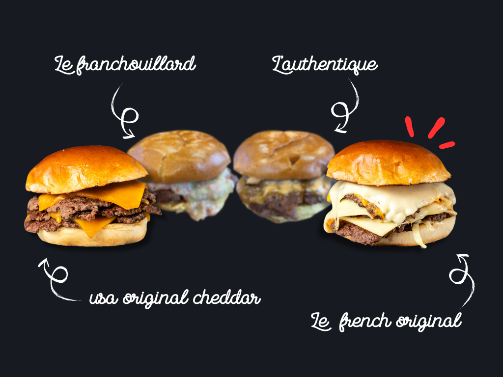 Présentation des 4 smash burgers principaux chez les Burgers du Daron. Disponible en livraison de smash burgers à Meylan